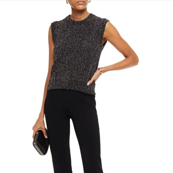MAJE Marky Metallic Crew Neck Sleeveless Glitter Knitted Black Shell Top 1 - Picture 1 of 14